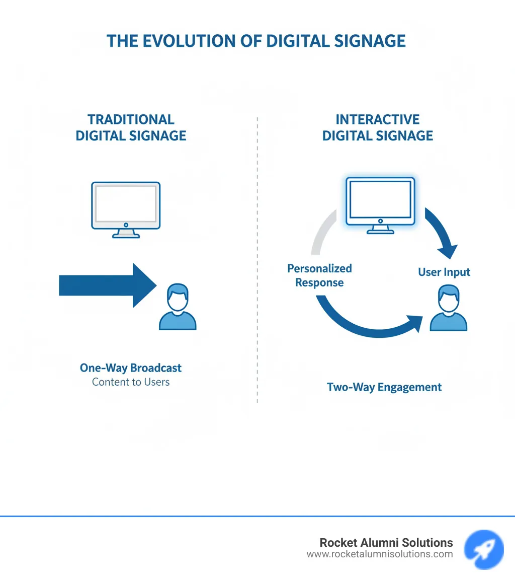 Infographic showing the evolution from traditional one-way digital signage broadcasting content to users, to interactive two-way digital signage where users engage with touchscreens, provide input, and receive personalized responses, with arrows indicating bidirectional communication flow - Digital interactive signage infographic