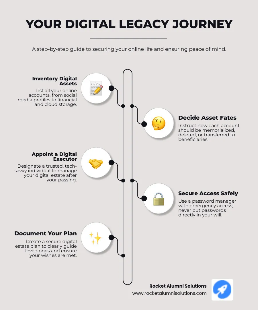 Infographic showing a timeline of a digital legacy being created, managed, and finally passed on to beneficiaries, highlighting peace of mind at each stage - digital legacy solutions infographic infographic-line-5-steps-neat_beige Infographic showing a timeline of a digital legacy being created, managed, and finally passed on to beneficiaries, highlighting peace of mind at each stage - digital legacy solutions infographic infographic-line-5-steps-neat_beige