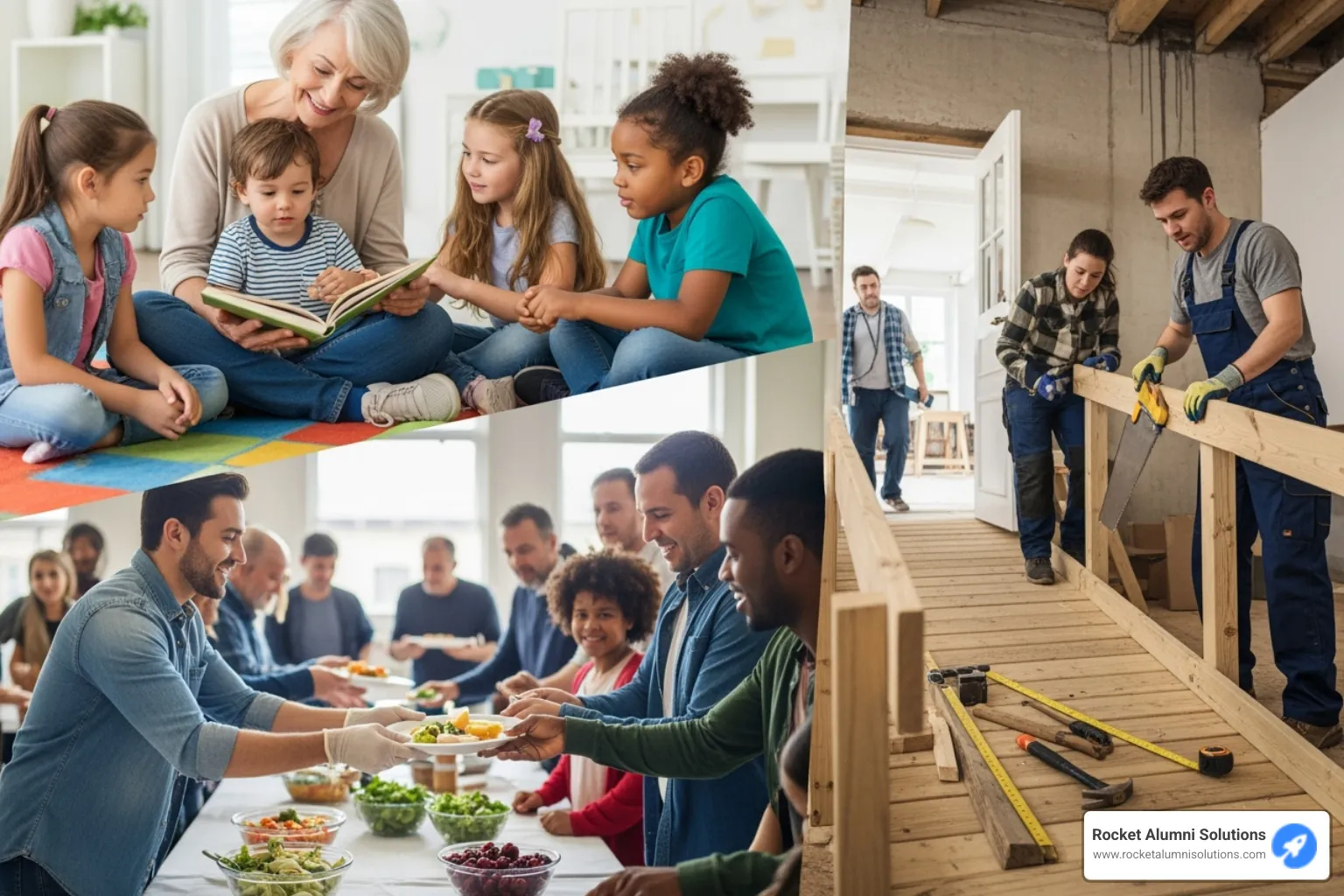 Collage of diverse volunteers: senior reading, person building ramp, person handing out food - Community Service Hall of Fame