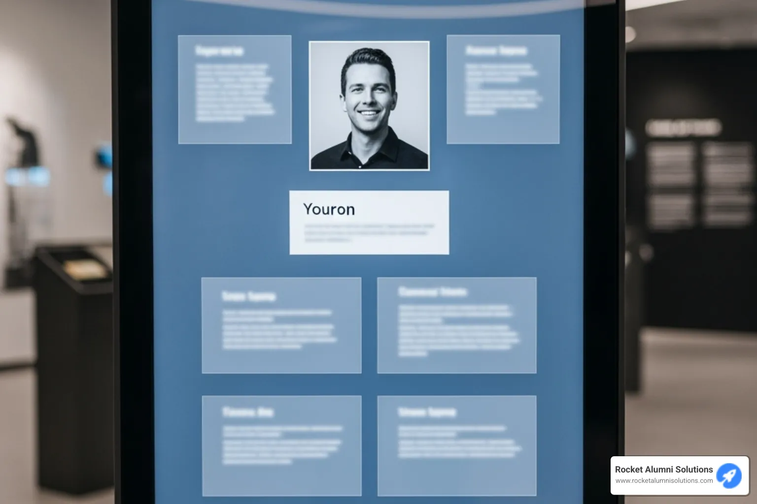 Digital touchscreen display showing a biography of a Hall of Fame inductee - Community Service Hall of Fame