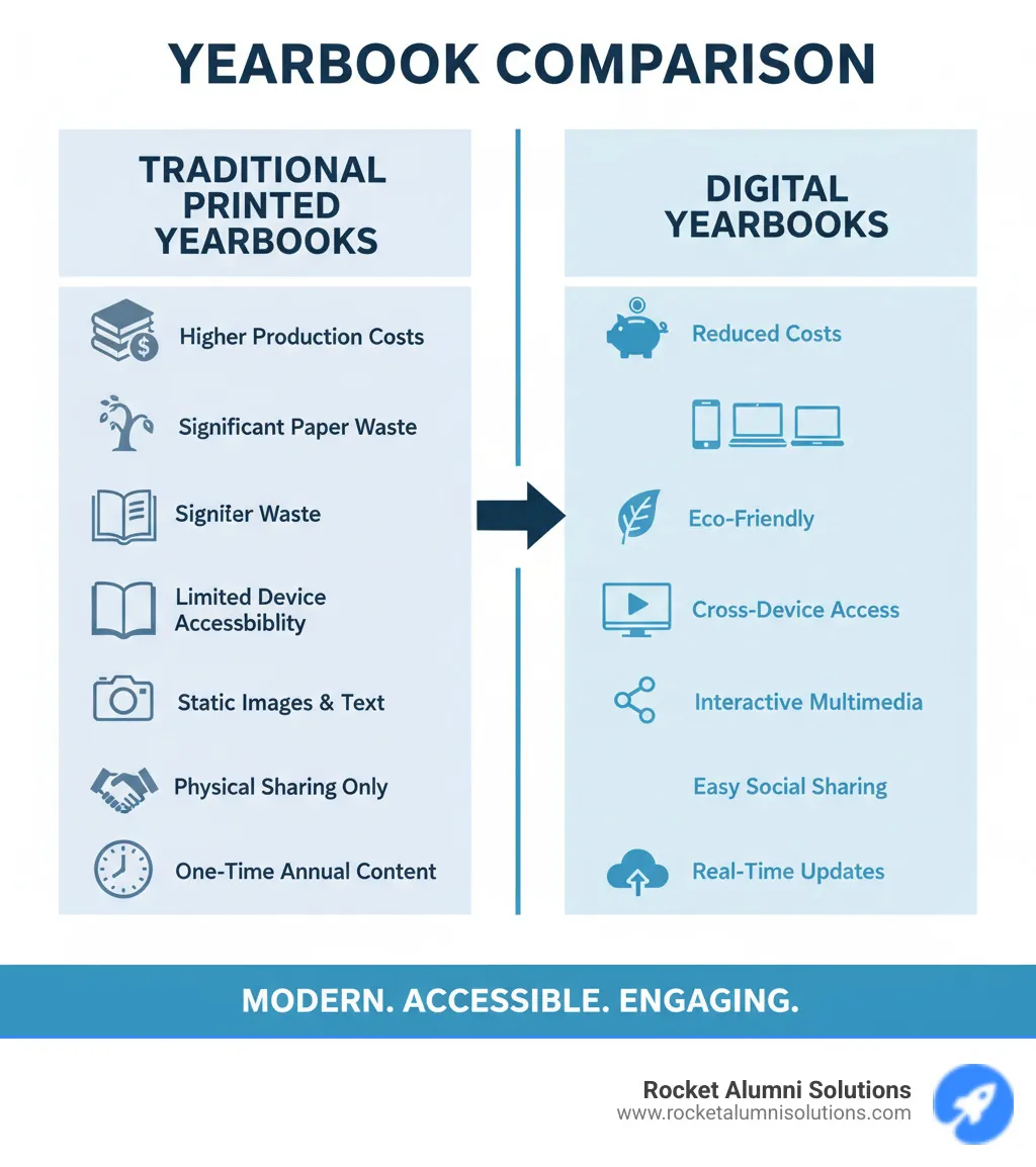 Comparison infographic showing traditional printed yearbooks versus digital yearbooks with features like cost savings, environmental impact, accessibility across devices, interactive multimedia content, social sharing capabilities, and real-time updates throughout the school year - digital yearbook infographic