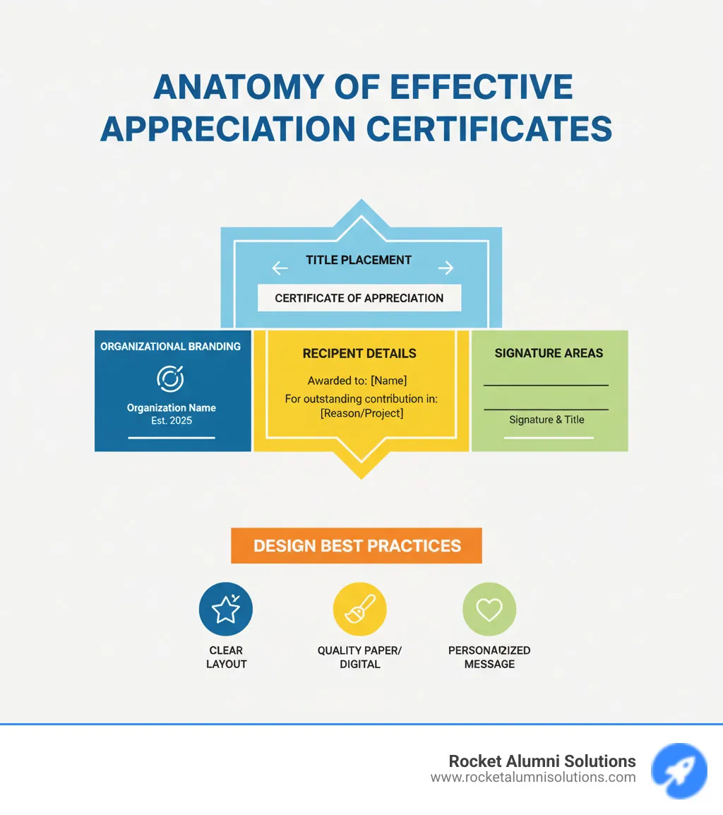 Infographic showing the anatomy of effective appreciation certificates including title placement, recipient details, organizational branding, signature areas, and design best practices for maximum impact - appreciation certificate model infographic Infographic showing the anatomy of effective appreciation certificates including title placement, recipient details, organizational branding, signature areas, and design best practices for maximum impact - appreciation certificate model infographic