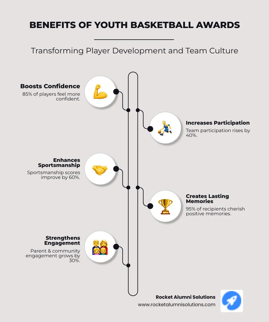 Infographic showing the benefits of youth basketball awards: builds confidence in 85% of players, increases team participation by 40%, improves sportsmanship scores by 60%, creates lasting positive memories for 95% of recipients, and strengthens parent-community engagement by 30% - basketball award categories for youth infographic infographic-line-5-steps-neat_beige Infographic showing the benefits of youth basketball awards: builds confidence in 85% of players, increases team participation by 40%, improves sportsmanship scores by 60%, creates lasting positive memories for 95% of recipients, and strengthens parent-community engagement by 30% - basketball award categories for youth infographic infographic-line-5-steps-neat_beige