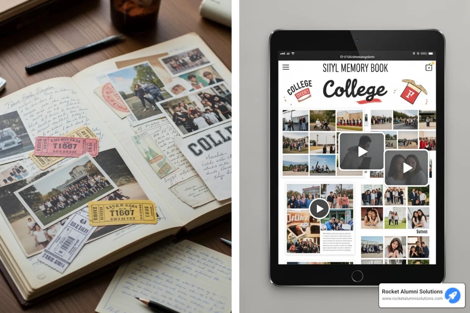 Side-by-side comparison of a physical college scrapbook and a tablet displaying a digital memory book - College memories book Side-by-side comparison of a physical college scrapbook and a tablet displaying a digital memory book - College memories book