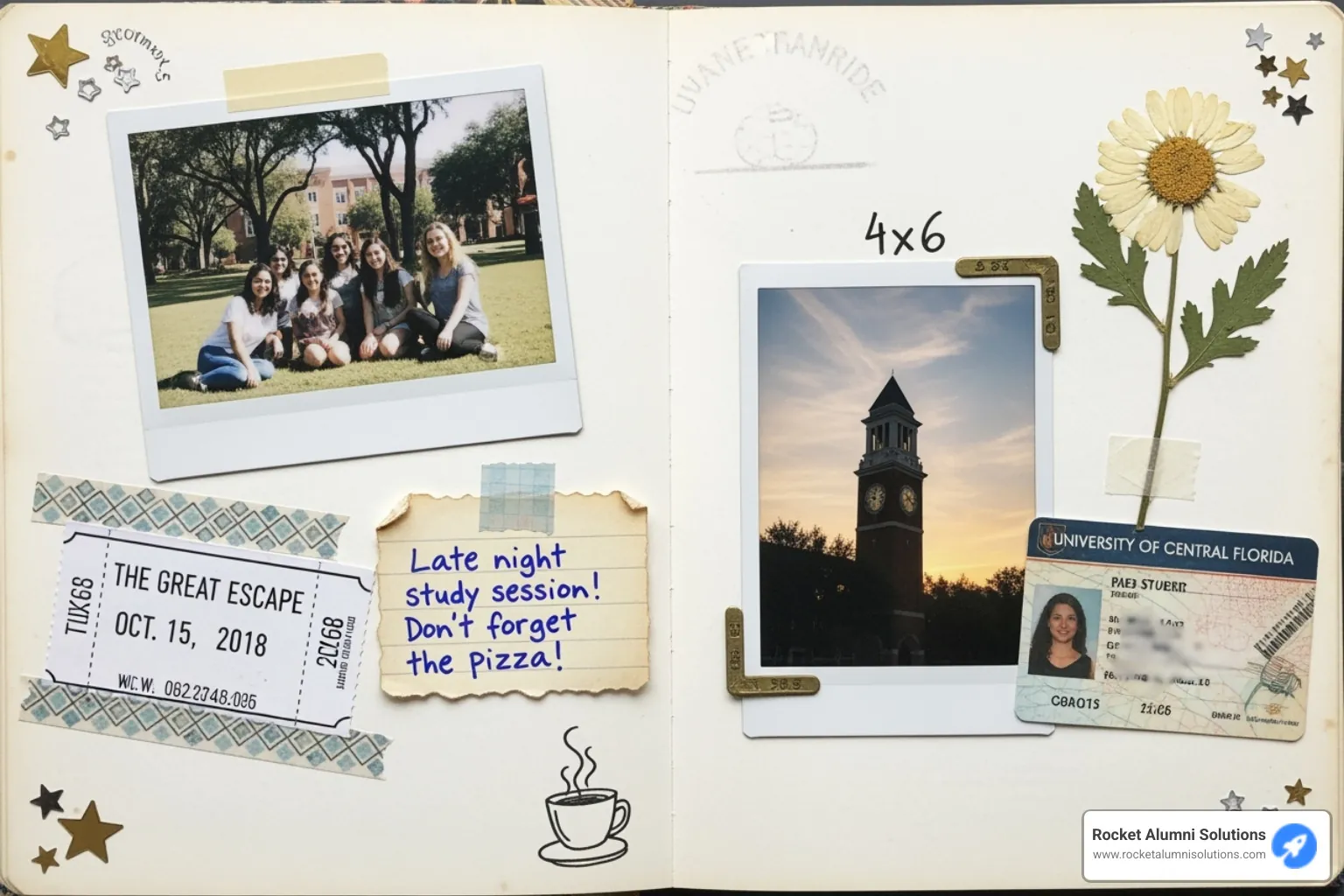 An open scrapbook page filled with various college mementos, including photos, ticket stubs, handwritten notes, and decorative elements - College memories book An open scrapbook page filled with various college mementos, including photos, ticket stubs, handwritten notes, and decorative elements - College memories book
