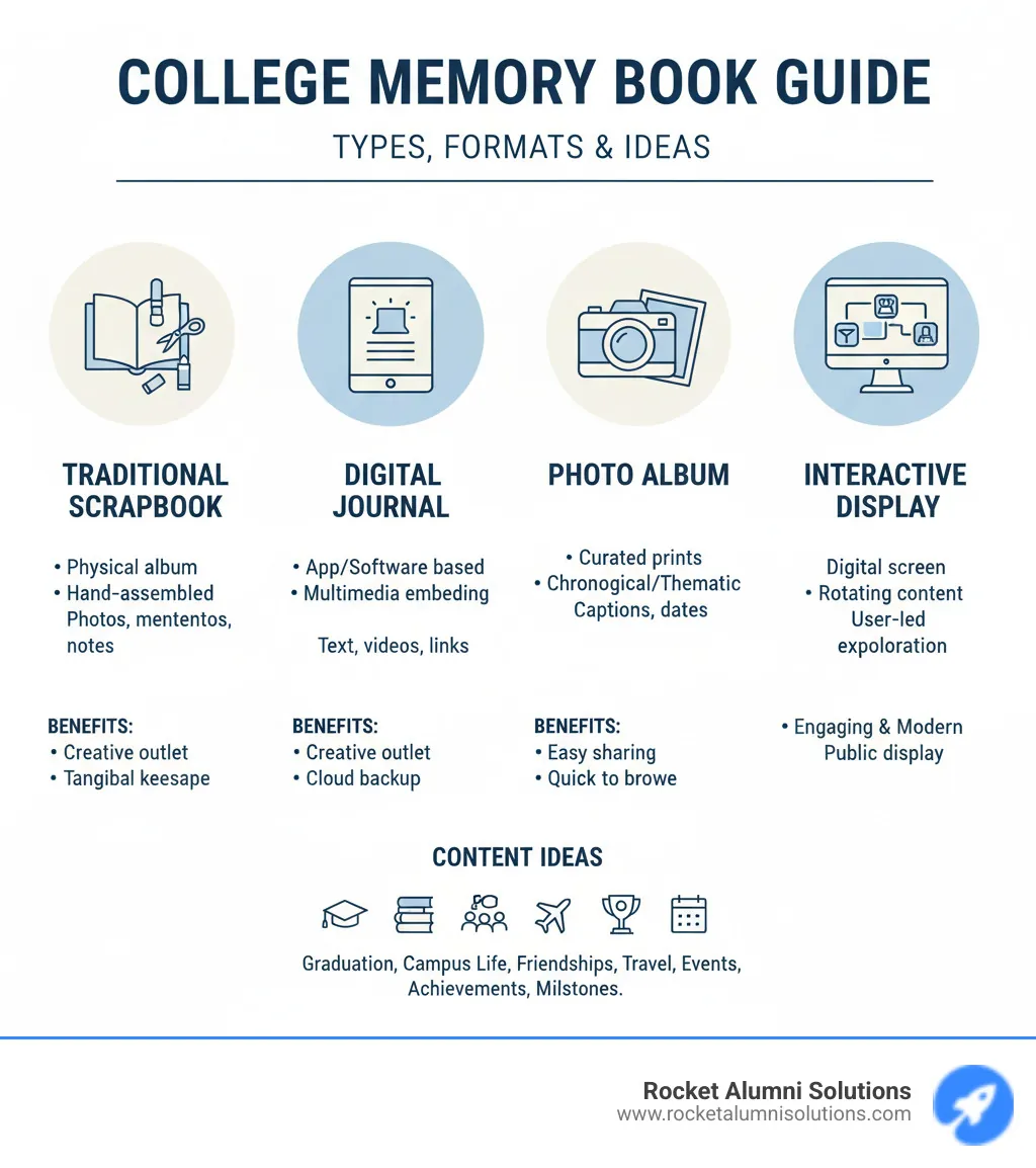 Comprehensive guide to college memory book types, formats, and content ideas including traditional scrapbooks, digital journals, photo albums, and interactive displays with benefits of each approach - College memories book infographic Comprehensive guide to college memory book types, formats, and content ideas including traditional scrapbooks, digital journals, photo albums, and interactive displays with benefits of each approach - College memories book infographic