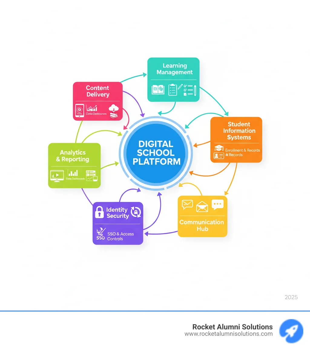 Comprehensive infographic showing the digital school ecosystem with interconnected components: at the center is "Digital School Platform" surrounded by six key areas - Learning Management (showing course content and assignments), Student Information Systems (displaying enrollment and records), Communication Hub (with messaging icons), Identity & Security (featuring SSO and access controls), Analytics & Reporting (showing data dashboards), and Content Delivery (with digital resources icons). Arrows connect all components to show integration and data flow between systems. - digital school platform infographic Comprehensive infographic showing the digital school ecosystem with interconnected components: at the center is "Digital School Platform" surrounded by six key areas - Learning Management (showing course content and assignments), Student Information Systems (displaying enrollment and records), Communication Hub (with messaging icons), Identity & Security (featuring SSO and access controls), Analytics & Reporting (showing data dashboards), and Content Delivery (with digital resources icons). Arrows connect all components to show integration and data flow between systems. - digital school platform infographic