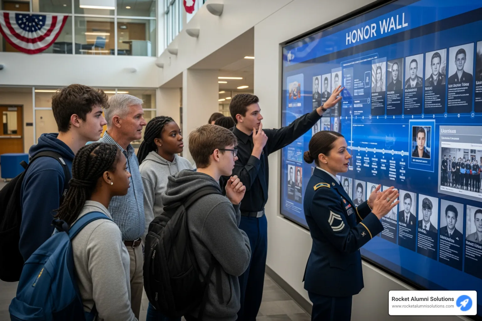 Diverse group of students and veterans gathered around a veterans digital honor wall, interacting with the display - Captain Honors Display Diverse group of students and veterans gathered around a veterans digital honor wall, interacting with the display - Captain Honors Display