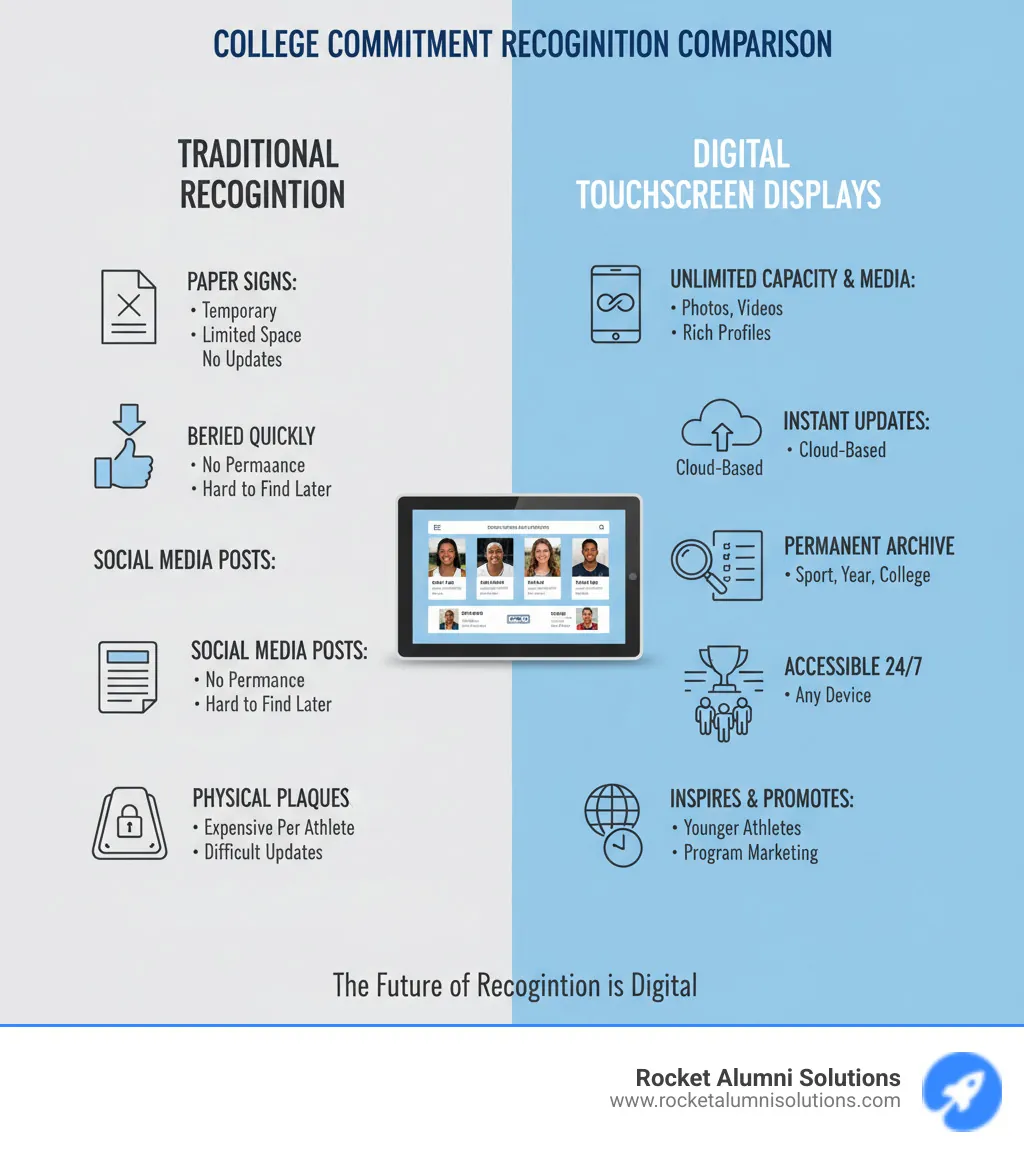 Infographic comparing traditional recognition methods vs digital touchscreen displays: Traditional shows paper signs (temporary, deteriorate, limited space, no updates), social media posts (buried quickly, no permanence, hard to find later), and physical plaques (expensive per athlete, space constraints, difficult updates). Digital displays show unlimited capacity, rich multimedia profiles with photos and videos, instant cloud-based updates, searchable by sport/year/college, permanent historical archive, inspires younger athletes, program marketing tool, and accessible 24/7 from any device. - College Commit Touchscreen Display infographic Infographic comparing traditional recognition methods vs digital touchscreen displays: Traditional shows paper signs (temporary, deteriorate, limited space, no updates), social media posts (buried quickly, no permanence, hard to find later), and physical plaques (expensive per athlete, space constraints, difficult updates). Digital displays show unlimited capacity, rich multimedia profiles with photos and videos, instant cloud-based updates, searchable by sport/year/college, permanent historical archive, inspires younger athletes, program marketing tool, and accessible 24/7 from any device. - College Commit Touchscreen Display infographic