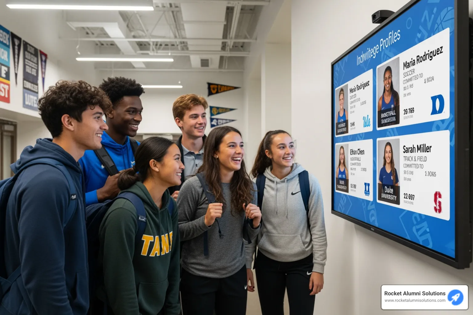 diverse group of student-athletes smiling in front of their profiles on a touchscreen display - College Commit Touchscreen Display diverse group of student-athletes smiling in front of their profiles on a touchscreen display - College Commit Touchscreen Display