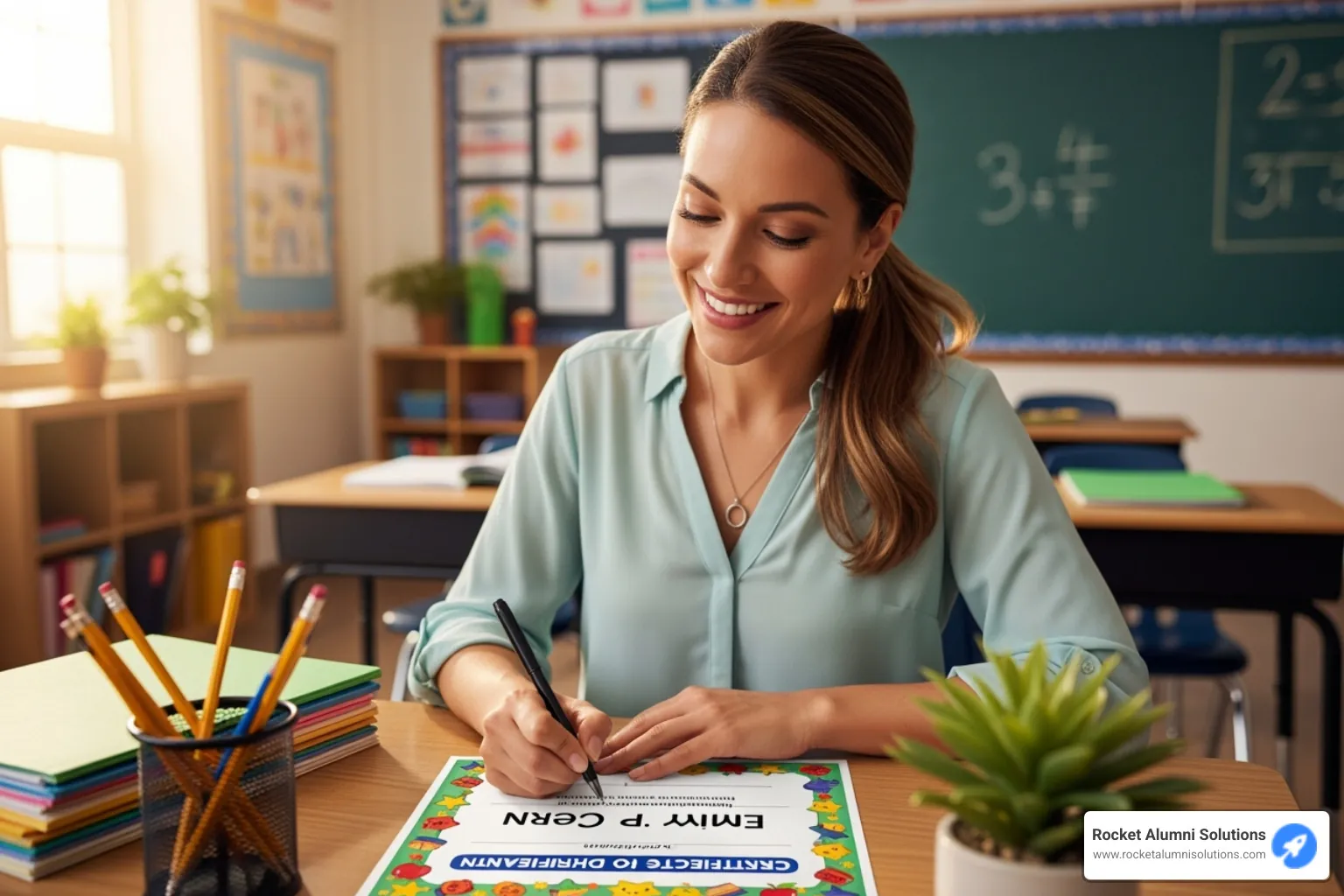 teacher smiling while writing on a certificate - Elementary school superlatives