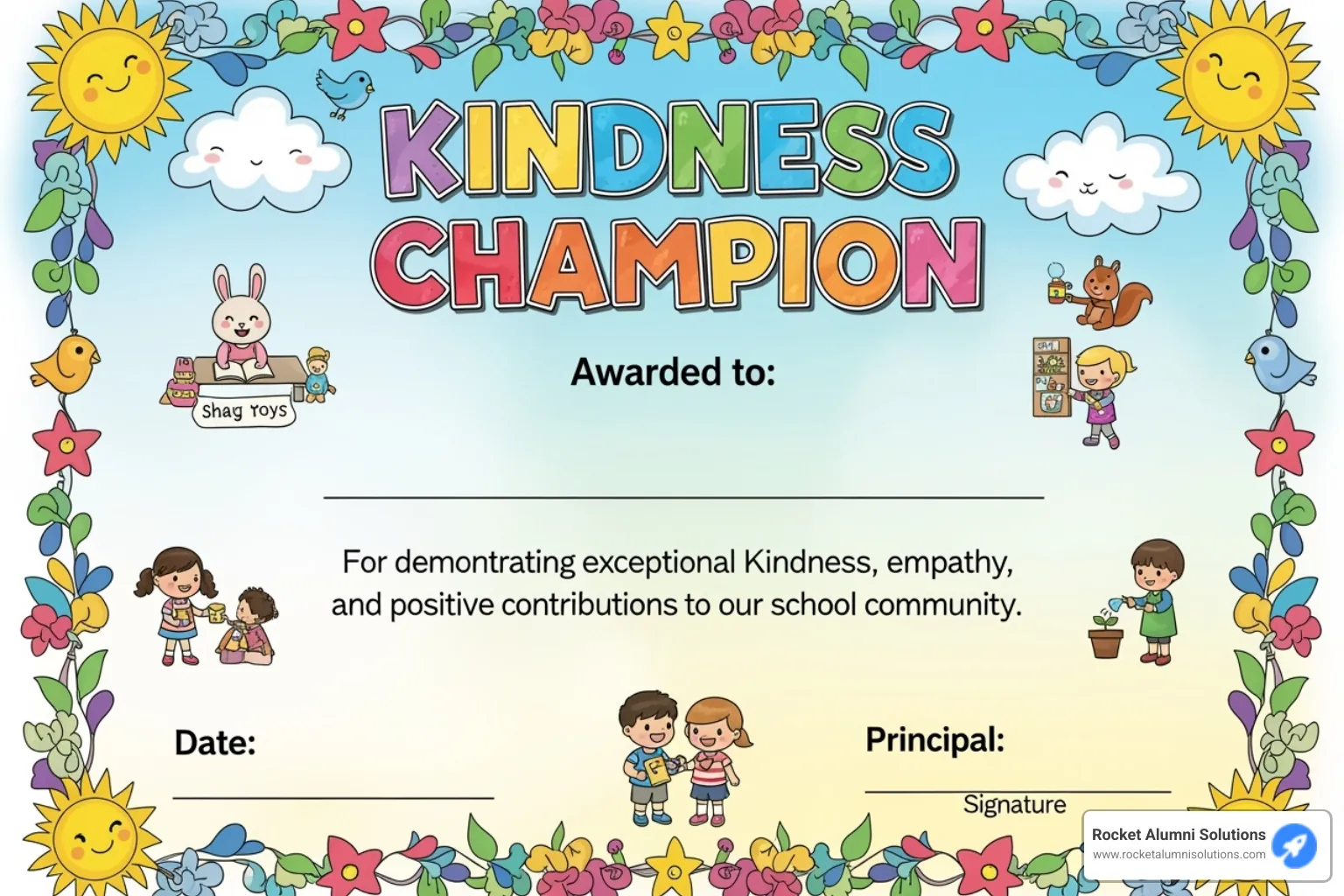 colorful creative superlative certificate for Kindness Champion - Elementary school superlatives