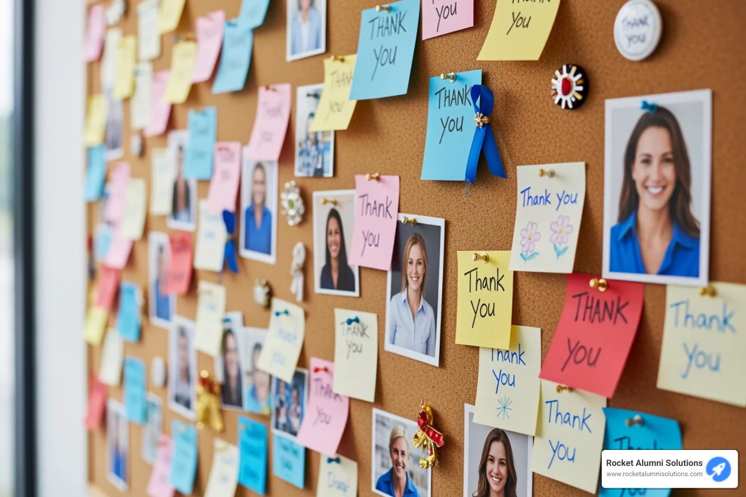 colorful and busy cork board filled with handwritten thank you notes, photos, and small tokens of appreciation - staff recognition awards display colorful and busy cork board filled with handwritten thank you notes, photos, and small tokens of appreciation - staff recognition awards display