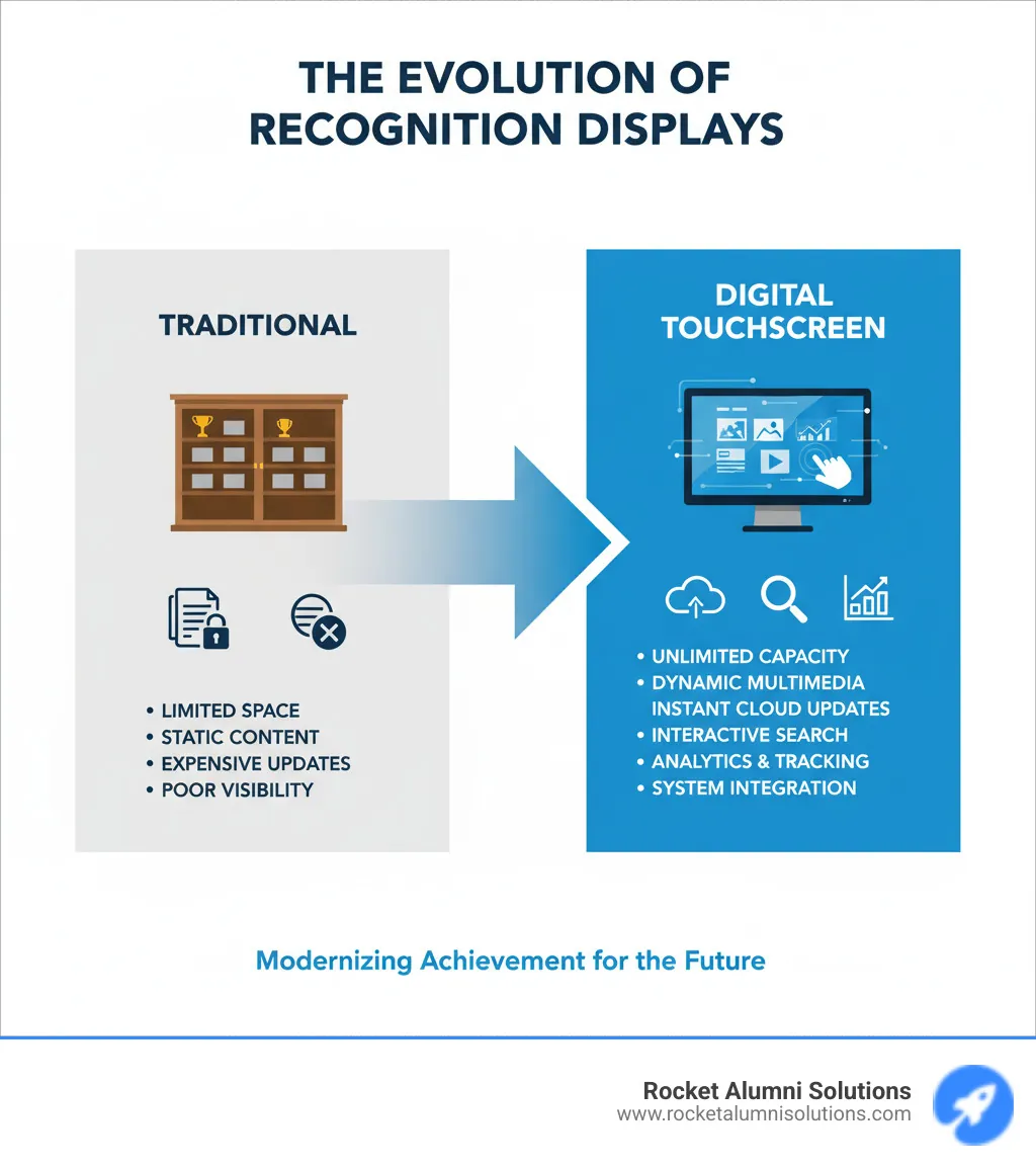 Infographic showing the evolution of recognition displays: Traditional physical plaques and trophy cases (limited space, static content, expensive updates, poor visibility) transforming into digital touchscreen displays (unlimited capacity, dynamic multimedia content, instant cloud updates, interactive search and filtering, analytics and engagement tracking, integration with existing systems) - recognition awards display touchscreen infographic Infographic showing the evolution of recognition displays: Traditional physical plaques and trophy cases (limited space, static content, expensive updates, poor visibility) transforming into digital touchscreen displays (unlimited capacity, dynamic multimedia content, instant cloud updates, interactive search and filtering, analytics and engagement tracking, integration with existing systems) - recognition awards display touchscreen infographic