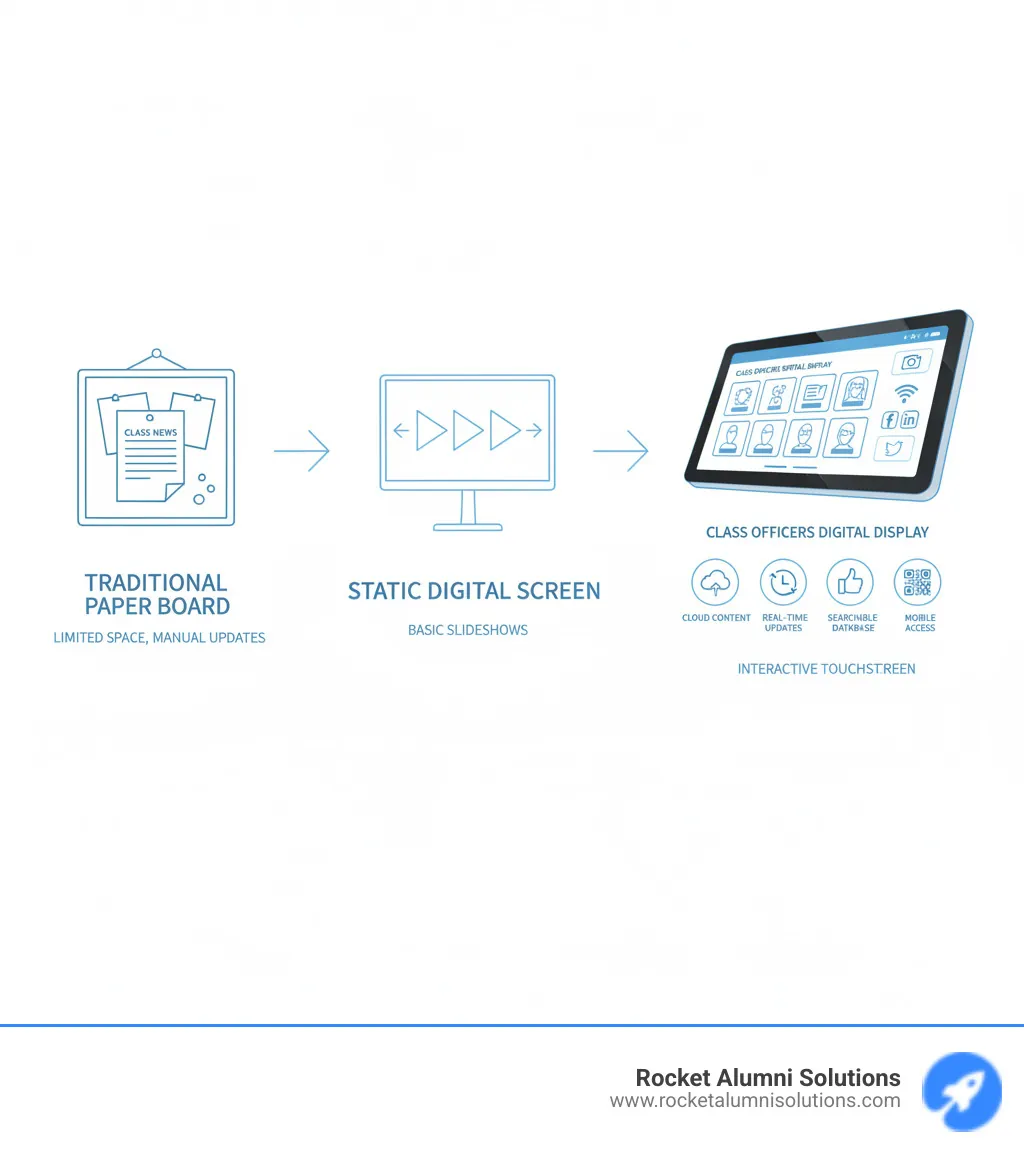 Infographic showing the evolution from traditional paper bulletin boards with limited space and manual updates, to static digital screens with basic slideshow capabilities, to modern interactive touchscreen Class Officers Digital Displays featuring cloud-based content management, real-time updates, multimedia profiles, social media integration, searchable databases, and mobile accessibility via QR codes - Class Officers Digital Display infographic Infographic showing the evolution from traditional paper bulletin boards with limited space and manual updates, to static digital screens with basic slideshow capabilities, to modern interactive touchscreen Class Officers Digital Displays featuring cloud-based content management, real-time updates, multimedia profiles, social media integration, searchable databases, and mobile accessibility via QR codes - Class Officers Digital Display infographic