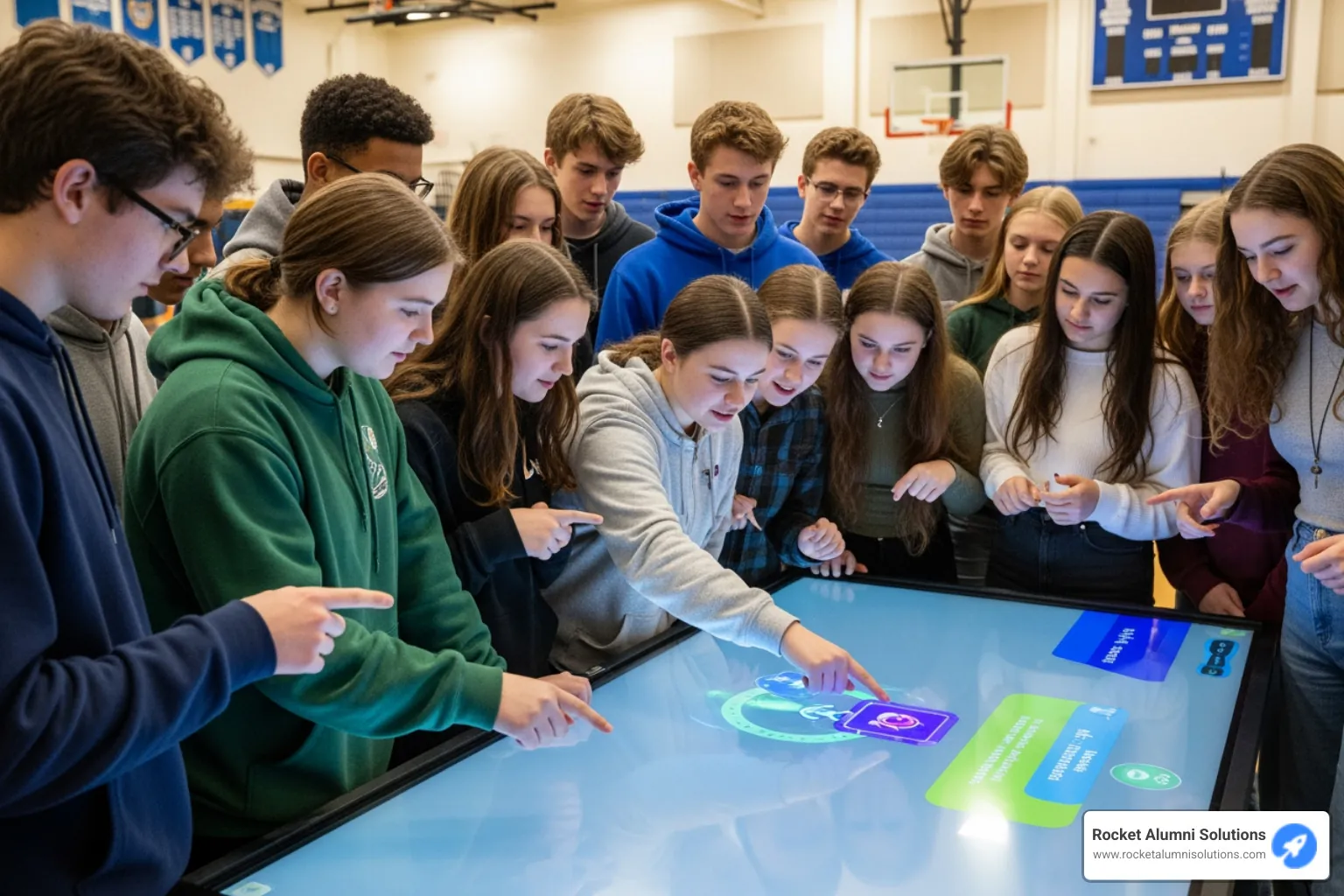 Students gathered around a digital display during a school event - Class Officers Digital Display Students gathered around a digital display during a school event - Class Officers Digital Display
