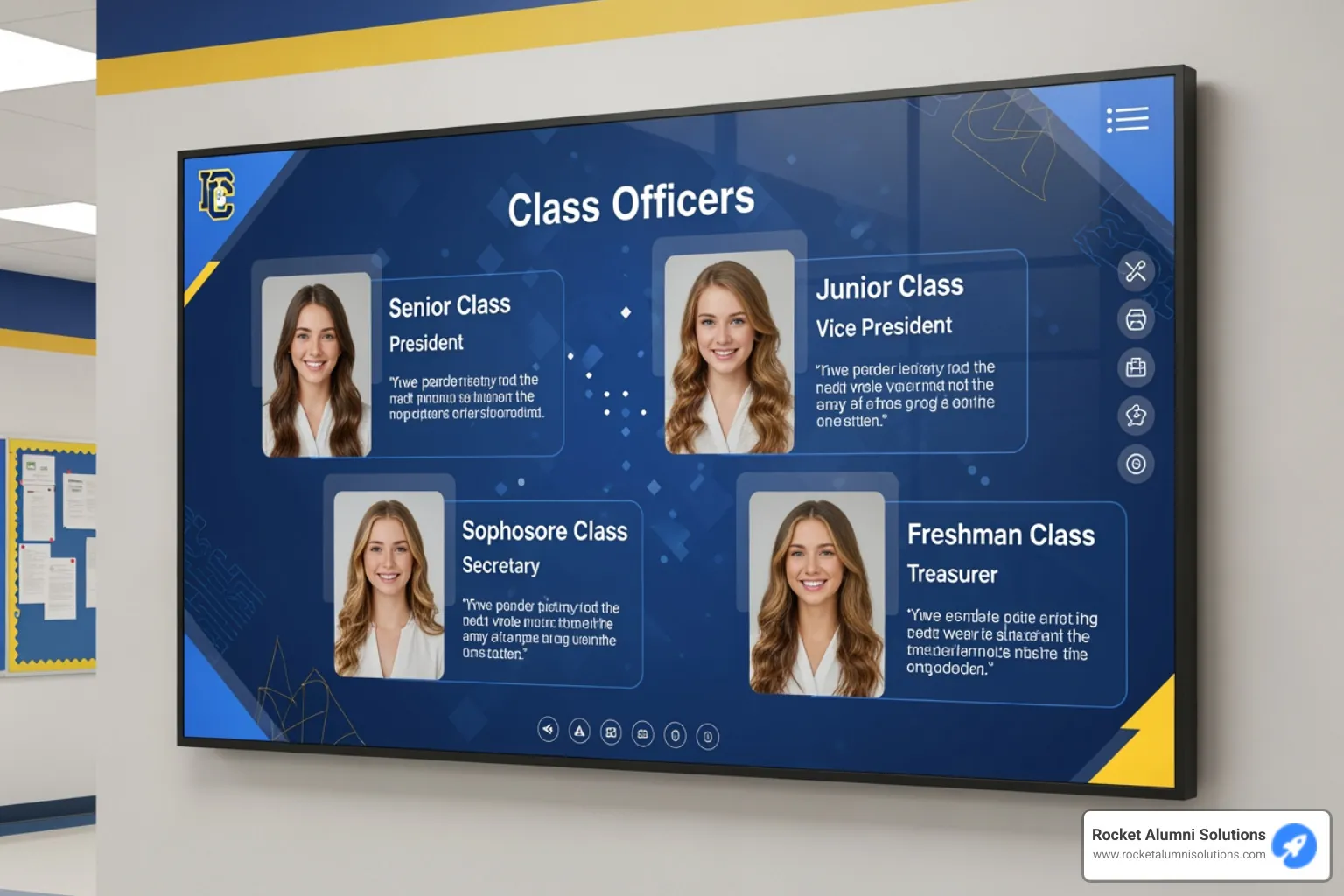 Student profile on a digital display showing their photo, role, and key projects - Class Officers Digital Display Student profile on a digital display showing their photo, role, and key projects - Class Officers Digital Display