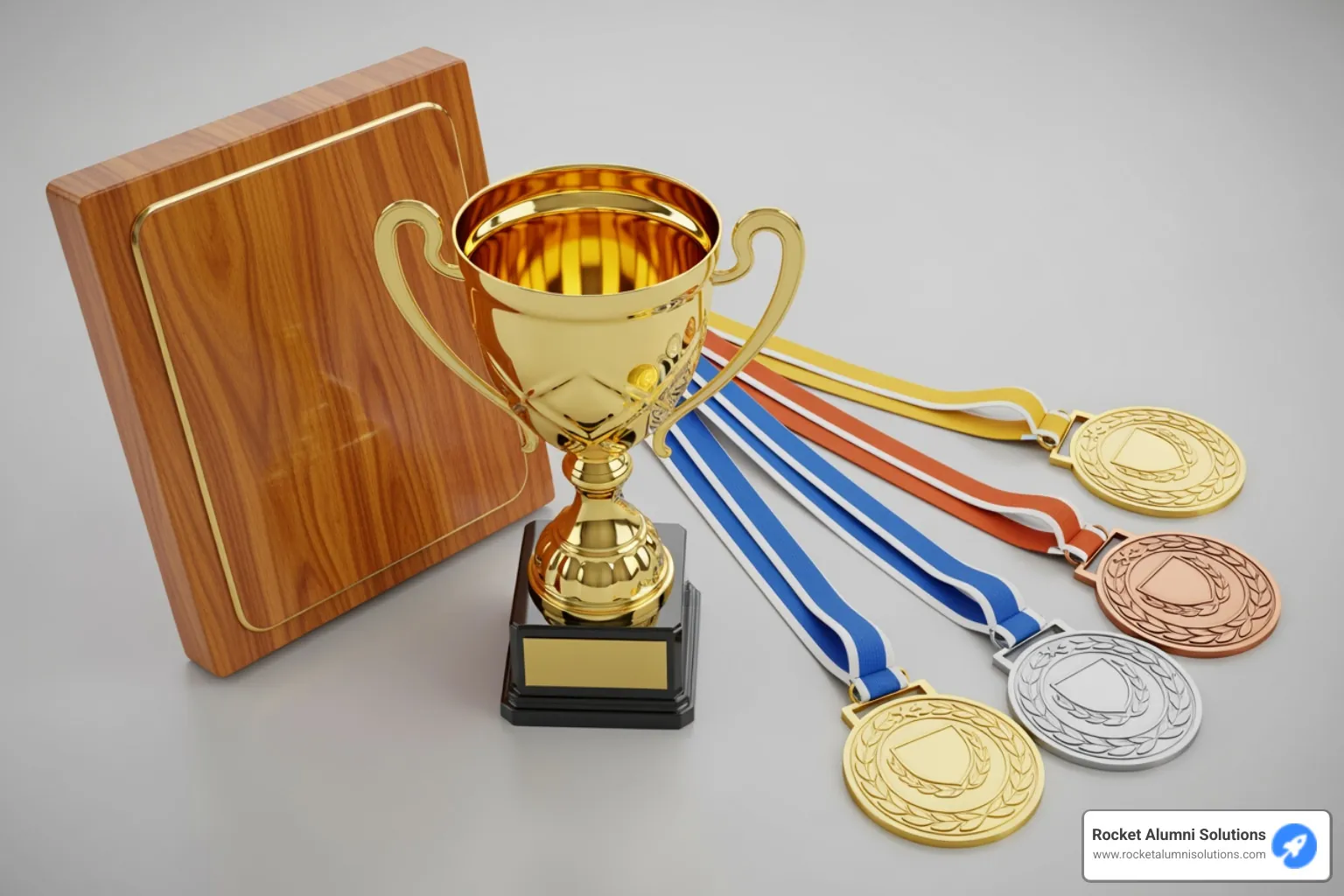 classic trophy, modern plaque, gold silver bronze medals - Outstanding Player Award Display classic trophy, modern plaque, gold silver bronze medals - Outstanding Player Award Display
