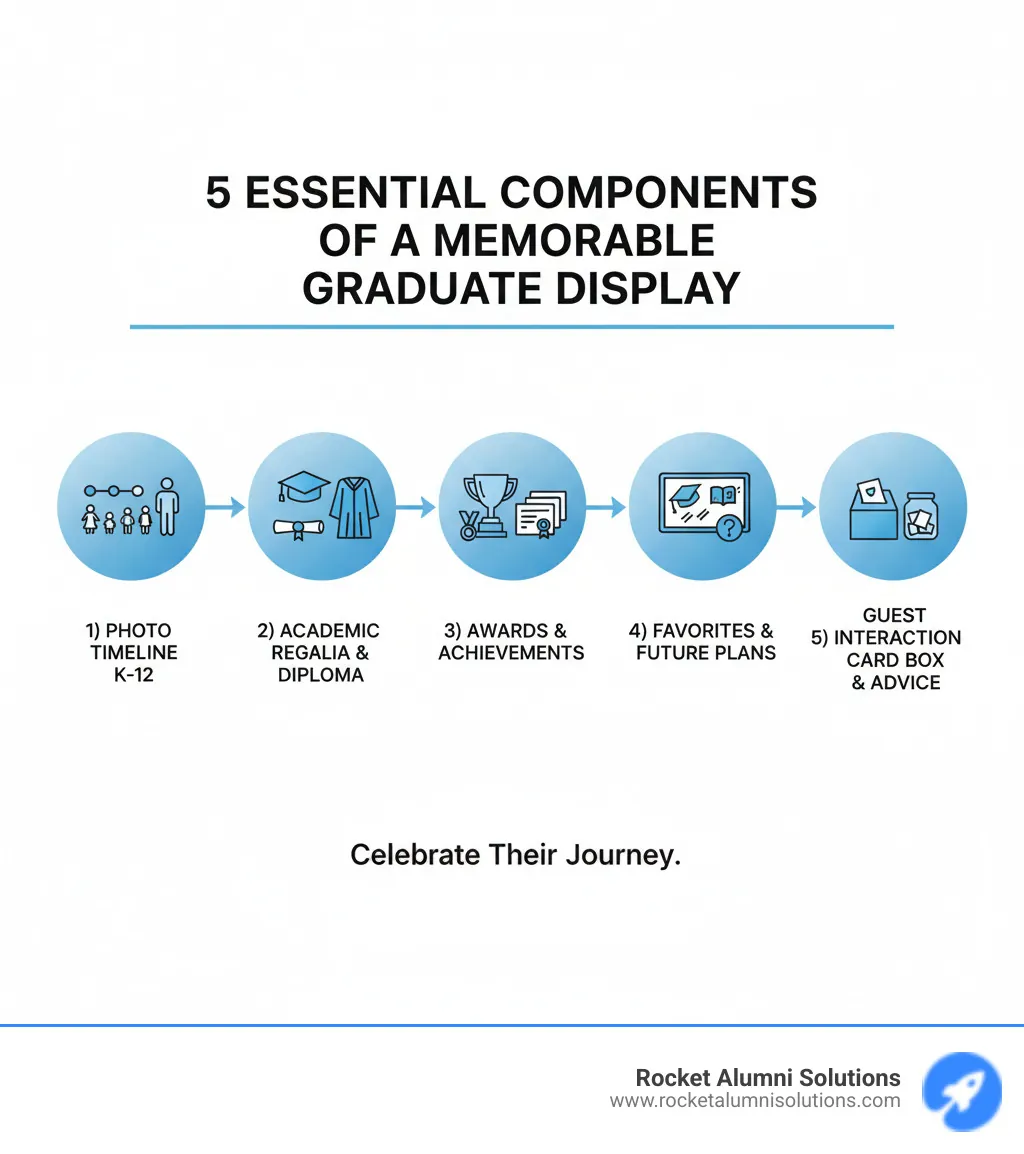 Infographic showing the 5 essential components of a memorable high school graduate display: 1) Photo timeline from kindergarten through senior year, 2) Academic regalia and official documents (cap, gown, diploma), 3) Awards and achievement showcase, 4) Personal favorites and future plans board, and 5) Guest interaction station with card box and advice jar - High School Graduate Display infographic
