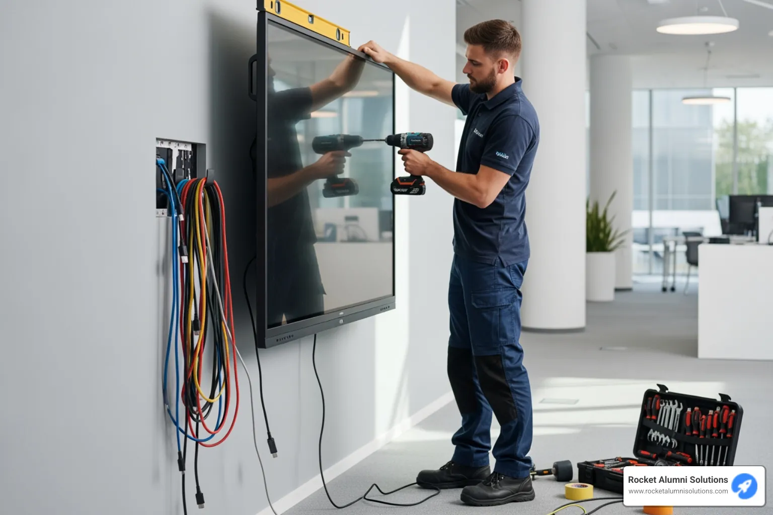 Process from empty wall to fully installed touchscreen - alumni awards touchscreen