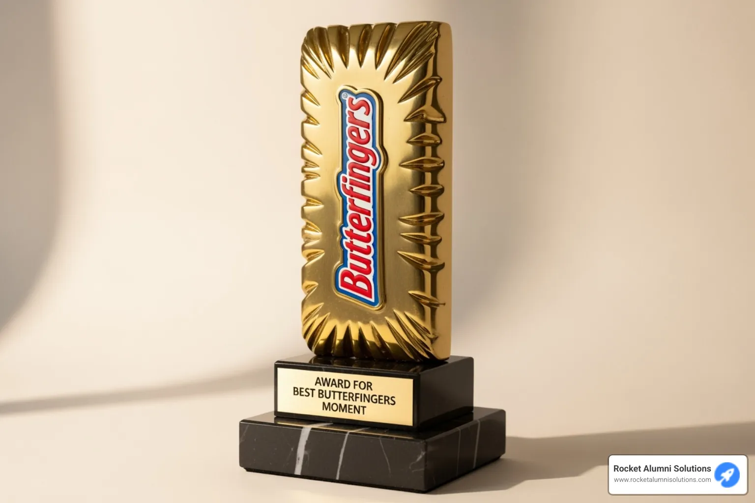 Image of a creative, humorous custom-made trophy, like a golden butterfingers candy bar - funny sports awards ideas