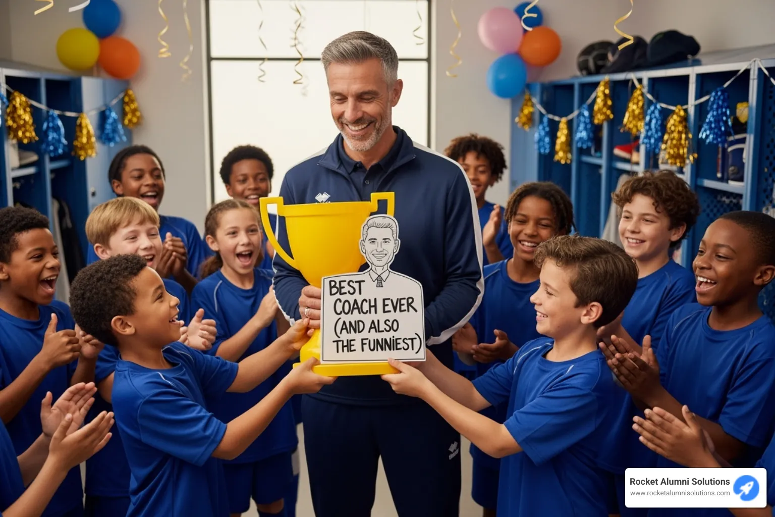 Image of a coach receiving a funny, heartfelt award from their players - funny sports awards ideas