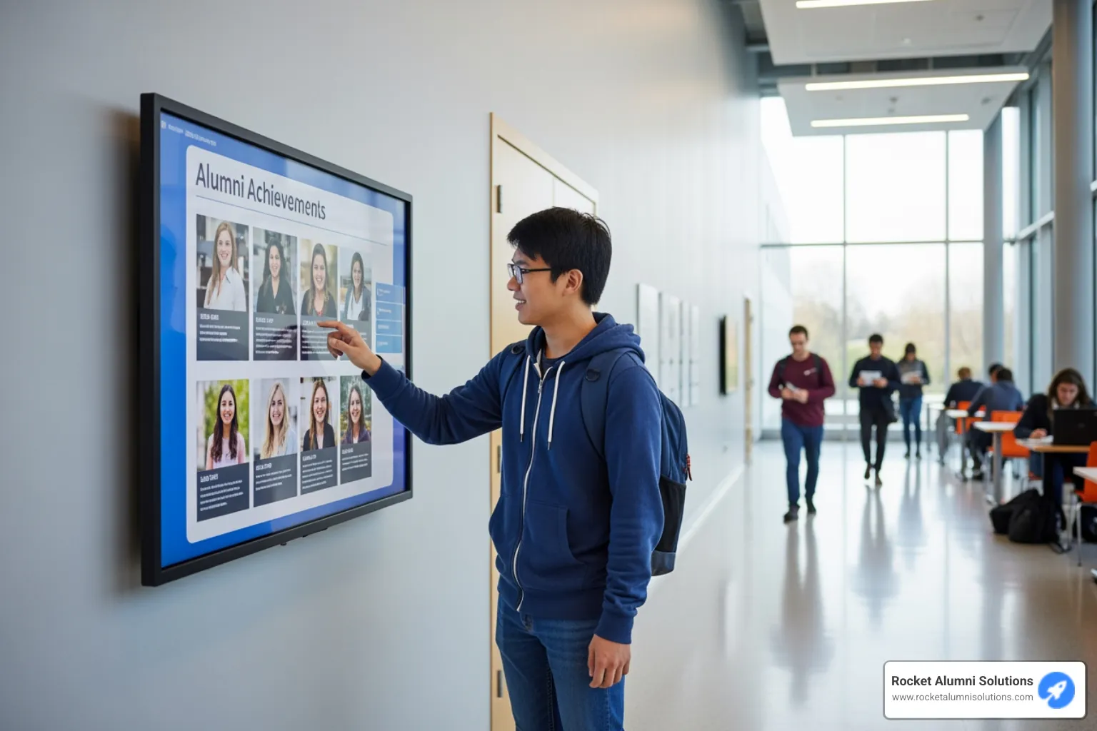 A student interacting with a large touchscreen alumni display in a university hall - Master Degree Graduate Display