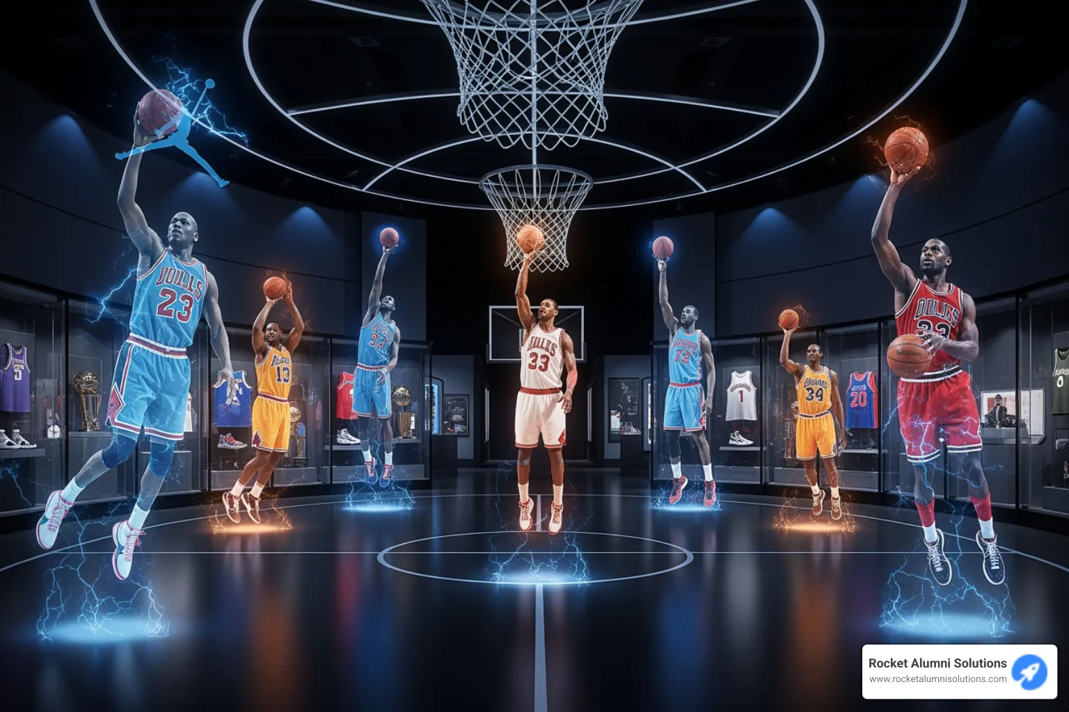 Crowded trophy case vs. sleek digital display - Basketball Digital Hall of Fame Crowded trophy case vs. sleek digital display - Basketball Digital Hall of Fame